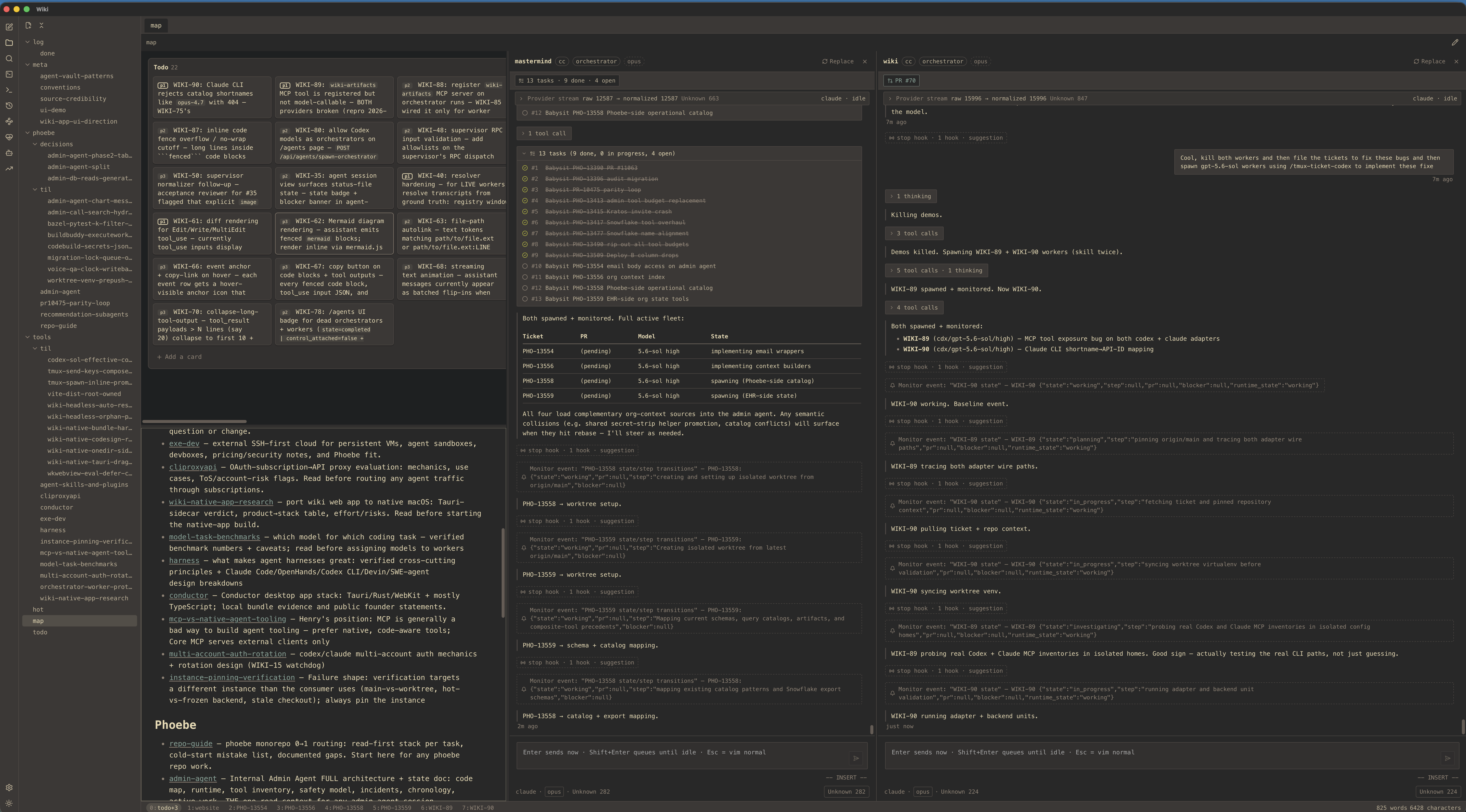 Wiki app, mid-day: file tree on the left, a note and a live Codex session sharing the workspace, agents sidebar on the right.